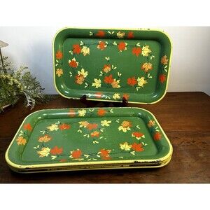 Vintage Metal Serving Snack Trays Green Fall Leaves Set of 5